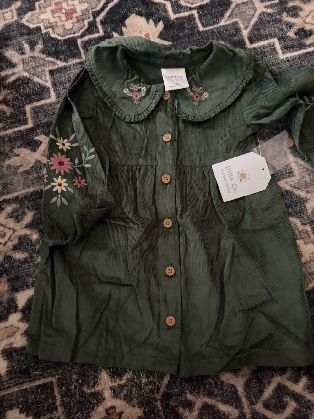 Little Co. Olive Green Corduroy Dress with Floral Embroidery